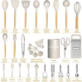 Umite Chef Umite Chef Silicone Kitchen Utensil Set, 34PCS Heat Resistant Kitchen Gadgets and Tools With Grater, Wood Handles for Nonstick Cookware