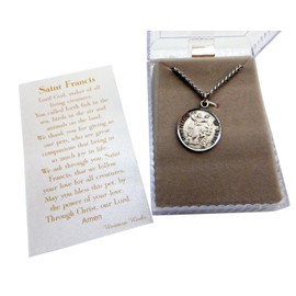 Westmon Works St Francis Pewter Medal Necklace Set with Stainless Steel Chain Patron Saint of Pets and Animals Deluxe Pack with Holy Card and Protective Case, one inch, Stainless Steel, No Gemstone