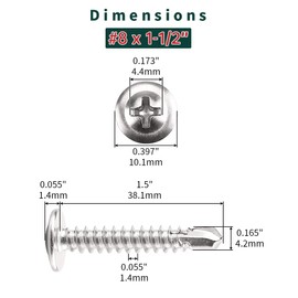 #8 x 1-1/2" Phillips Wafer Head Sheet Metal Tek Screws (50 pcs), 410 Stainless Steel, Phillips Drive Wafer Head Self Tapping Screws, Fayeploo (with Phillips Driver Bit)