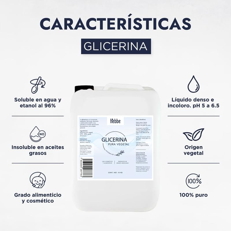 Hebbe - Glicerina Vegetal Pura, Hidratante y Emoliente para Cosméticos,