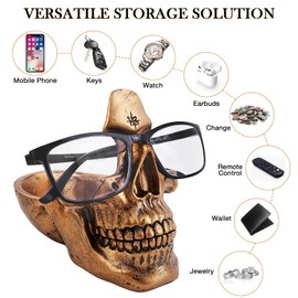 VIPbuy Skull Glasses Holder Stand with Storage Tray , Novelty Eyeglass Holder Rack for Nightstand, Resin Skull Head Sculpture Statue Home Office Desk Decor Gift (Golden)