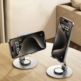 JUEJUEZI Foldable Cell Phone Stand, Metal Portable Phone Holder, Fully Adjustable Rotatable Cell Phone Holder for Desk, for Phone, Pad, Mobile, Tablet