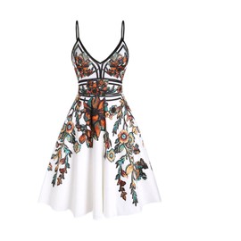 DRESSFO Summer Vacation Sundress for Women Floral Leaf Printed Garden Party Dress Flare A Line Slip Mini Dress(White_1/Large)