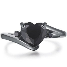 Black Gold Plated Heart Shaped Stone Solitaire Style Wedding Engagement Promise Statement Ring (Full Black, 6)
