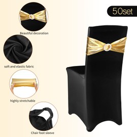 Frienda 100 Pieces Black Chair Cover Stretch Spandex Chair Slipcovers and Stretch Sash with Round Buckle for Graduation Prom Party Banquet Holidays Celebration (Black and Retro Gold)