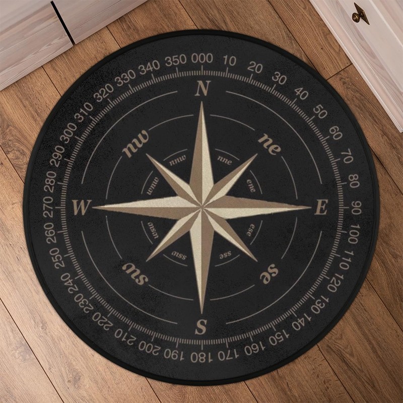 Compass Rose Round Area Rug, Artwork Black Non-Slip Circle Rug