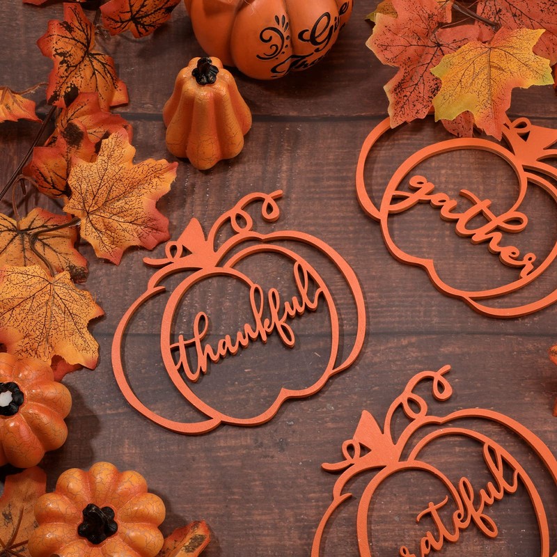 12 Pieces Thanksgiving Pumpkin Tabletop Wood Cutouts with Thankful Grateful