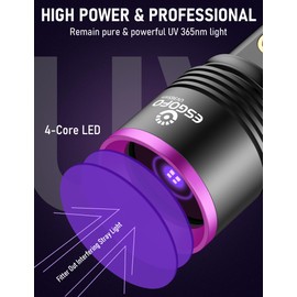 Esgofo UV Flashlight 365nm Powerful, Large 4-Core High Power LED Ultraviolet Blacklight Rechargeable USB C, Handheld Big Ultraviolet Black Flash Light for Pet Urine Detection Scorpion Resin Curing