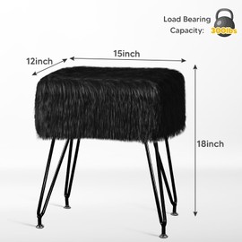 MOOWIND Vanity Stool Chair with Storage, Soft Ottoman Seat Vanity Stool with Anti-Slip Feet, Fluffy Padded Seat Multifunctional Footrest Side Table with 4 Metal Legs for Makeup, Bedroom, Black/Black