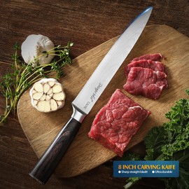 Dingerkit Carving Knife, 8" Brisket Knife Sushi Knife for Meat Vegetables Carving Slicing Sushi Cutting with Damascus Pattern High Carbon Stainless Steel, Kitchen Chefs Knife with Pakkawood Handle.
