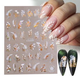 White Flowers Nail Art Stickers, Holographic 3D Floral Nail Self-Adhesive Sticker Design, Laser Gold Floral Rose Leaf Vine Bee Nail Art Decals Supplies for Women Girls Manicure Sparkly Decorations