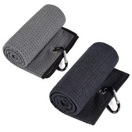 LUTAKU 2 Pack Tri-fold Golf Towel Set, Microfiber Fabric Waffle Pattern Towels, Heavy Duty Carabiner Clip，Black Golf Towels for Golf Bags for Men (2 Pcs, 2 Colors) (Black)