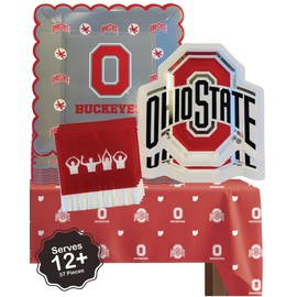 Ohio State party supplies with OSU tablecloth plates and napkins (37 piece set) for graduation, football tailgating, and birthday party decorations (Serves 12) (Ohio State Buckeyes)