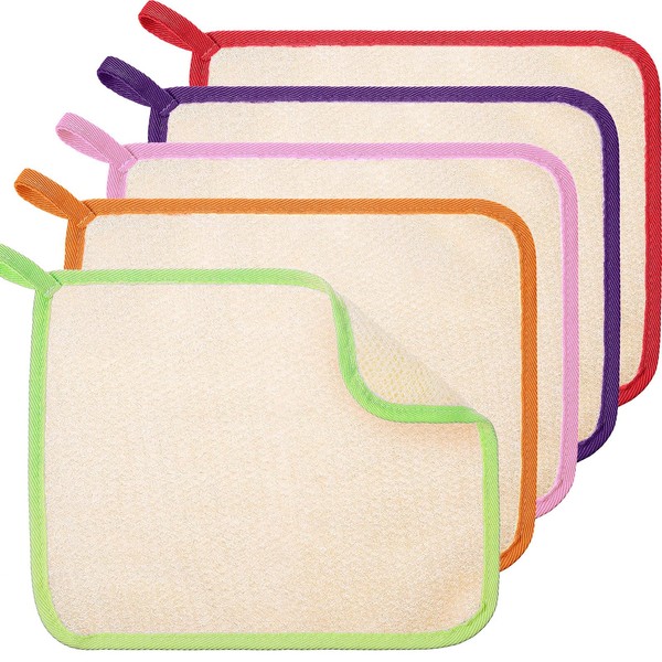 5 Pieces Exfoliating Face and Body Wash Cloths Towel Weave Bath Cloth Exfoliating Scrub Cloth Massage Bath Cloth for Women and Men (Green, Orange, Pink, Purple, Red Edge,10.63 x 9.05 Inch)