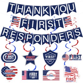 Affrolling 35 Pcs National First Responders Day Banner Thank You Week Decorations Red and Bule Hanging Swirls Wall Decor Holiday Celebrating Events for Festival Party Supplies