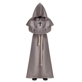 BLESSUME Monk Costume Medieval Robe Priest Hooded Renaissance Friar Cowl Outfit (S,Grey)
