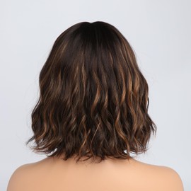 SIMKAYLEE Wavy Short Wig Brown Blonde Lace with Fringe Women's Curls Wig Brown with Blonde Strands Highlights for Women Dark Brown Wigs Mixed Blonde with Dark Roots (30 cm)