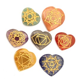 Sharvgun Seven Chakra Reiki Heart Shape-Symbol Set 7 of Pieces Healing Gemstone Palm Stone Engraved Chakra Symbols Holistic Balancing Polished Charged Gems