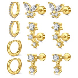 Longita Gold Earrings for Women Flat Back Earrings Hypoallergenic Surgical Steel Small Cartilage Hoop Earring for Women Forward Helix Jewelry Gold Plated Stud Earring Set