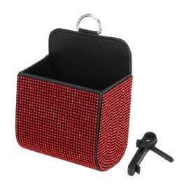 HOPESPANNER Universal 3.5" Length 2.4" Width 4.7" Height Car Trash Can Hanging Trash Bin Faux Leather Rhinestones 1 Pc Black Red
