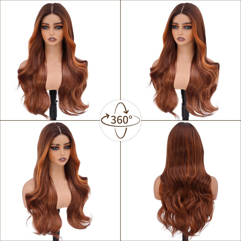 Copper Auburn Highlights Wig for Women,26 inch Long Wavy Wig