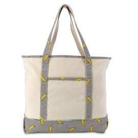 DALIX 22" Shopping Tote Bag in Heavy Cotton Canvas (Zippered Top) Striped Banana