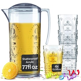 Muldale Plastic Pitcher and Glasses Set with Lid - BPA Free Large Acrylic Jug Set of 5 - Outdoor Water Pitcher Set - Jarra Para Jugo - 77oz Sangria Pitchers