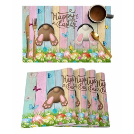 Happy Easter Placemats Set of 6, Cotton Linen Table Mats Non-Slip Washable Watercolor Woodgrain Placemat for Holiday Party Dining Easter Eggs Kitchen Table Decor