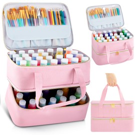 Abbylike Acrylic Paint Organizer Case for up to 56 Bottles (2 Oz) Double Layer Art Supply Storage Bag Alcohol Ink Storage Paint Carry Case with Foam Insert and Inner Pocket(Pink)