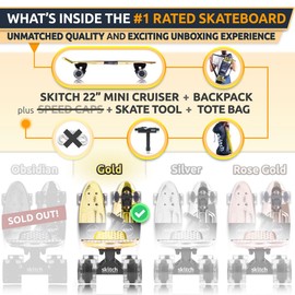 SKITCH Complete Skateboard Gift Set for All Ages | 22" x 6" Chrome Mini Cruiser Board + Skateboard Backpack + ABEC 9 Bearings + Skate Tool + Tote Bag | Skateboards for Kids, Teens and Adults (Gold)