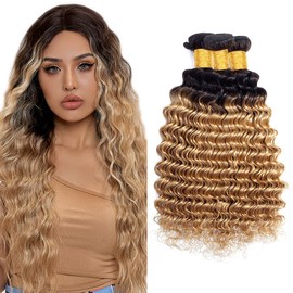 1B27 Deep Wave Bundles Ombre Honey Blonde Human Hair Bundles Brazilian Remy Hair Double Weft Honey Blonde Extensions 24 26 28 Inch For Women