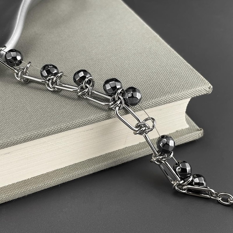 Women's Hematite Power Stone Bracelet, Black Beads, Stainless Steel Chain,