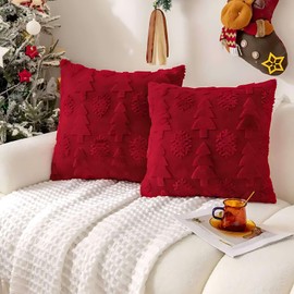 Christmas Cushion Covers Set of 2, Christmas Pillow Cases 18x18inch, Coral Fleece Xmas Cushion Covers Snowflake and Tree Design Christmas Pillow Cover for Sofa Bed Living Room Christmas Decor (Red)