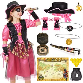 Joellfuner Pirate Costume Girls, Pirate Dress Girls, Pirate Costume Girls with Telescopic Compass, Fancy Dress Costumes Children Girls Pirate for Carnival Cosplay Party Dress Up (S)