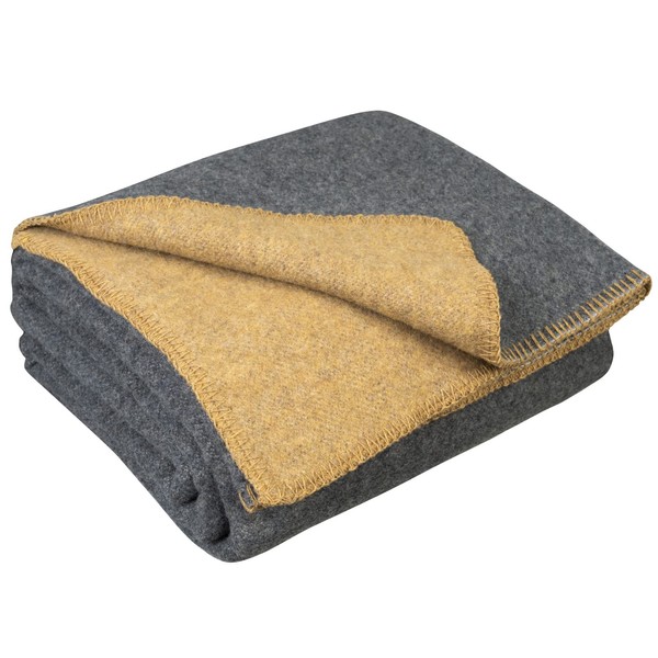 LYHome Travel Blanket - Extra Warm Picnic Throw, Bed Camping Outdoor 80% Wool Blankets, Cozy Soft Throws, Military Army and Garden Outside Use (51x67 in | 130x170 | Mustard - Gray Double-sided)