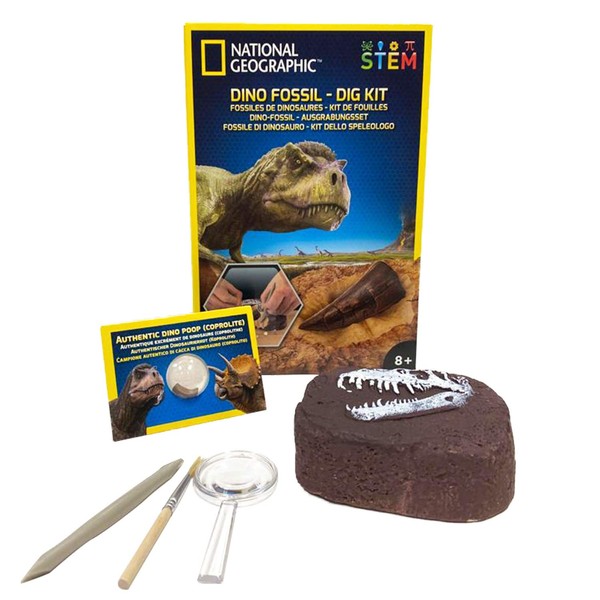 NATIONAL GEOGRAPHIC Dinosaur Dig Kit - Fascinating Excavation Kits for Kids with Replica T-Rex Tooth and Genuine Dino Poop Fossil | STEM Educational Science Kits Gifts for 8+ Year Old Boys and Girls