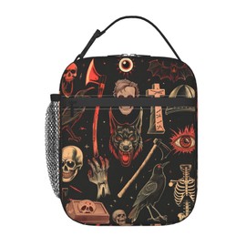 ainori Reusable Gothic Lunch Box for Kids Girls Boys Women Adult, Insulated Horror Skull Wolf and Raven Lunch Bag,Polyester Cooler Goth Handbags Case for School Picnic Work Travel Beach or Hiking