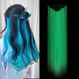 Orgwigs Light Blue Hair Extensions Clip-in Synthetic Colored for Kids 18inch 10pcs Glow in the Dark Pieces