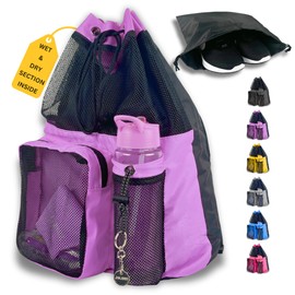 JIMJOOS Drawstring Mesh Swimming Bag - 25L Waterproof Swim Bag with Wet/Dry Compartment, Multifunctional Sports Backpack for Kids, Adults, Swimming, Surfing, Beach, Gym (Purple)