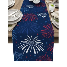 July 4th Table Runner Cotton Linen Fireworks Celebration Patriotic Americana Stars Party Holiday Tablecloth Decorations for Kitchen,Home ,Dining,Outdoor,13X72 Inches Long Red, White and Blue