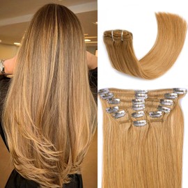 Extensiones Clip-In 40 cm (16") 10 Piezas 100g Cabello Humano Liso 100% Remy Rubio Caramelo | Trama Doble Anti-Shedding, Agrega Volumen | Fácil de Usar para Mujeres, Aplicación Rápida