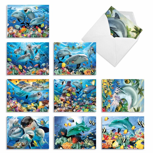 The Best Card Company - 10 All Occasion Blank Cards (4 x 5.12 Inch) - Nautical, Ocean, Sea Life Assortment of Notecards - Multi Porpoises M6643OCB
