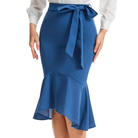 Bbonlinedress Womens Midi Pencil Skirt Fishtail Work Office Church Bodycon High Waist Mermaid Skirt Grey Blue M