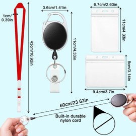 PIWOSGOL Key Ring ID Holder, Pack of 3 Retractable Key Chain, Extendable Lanyard with 6 Transparent ID Card Holders, for ID Card, Card Holder, Key Cards