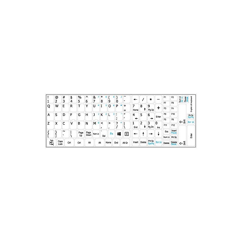 ENGLISH US NON-TRANSPARENT KEYBOARD DECALS with ADDITIONAL KEYS WHITE BACKGROUND