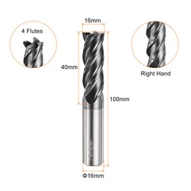 sourcing map Carbide Square Nose End Mill Bit 16mm Cut Dia 4 Flutes TiAlN Coated Milling Cutter for Hardened Steel Metal (16mm Shank 40mm Cut Length 100mm Long 45 Degree HRC53-55)