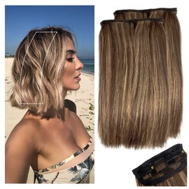 2 Pcs Short Hair Extensions, Clip in Extensions Human Hair for Women Adding Volume 8 Inch Medium Brown and Honey Blonde