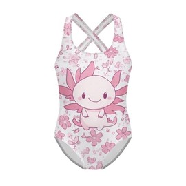 Uppodwarkid Axolotl One Piece Swimsuit for Girls 5-6 Pink Floral Bathing Suit for Toddler Girls with Cross Strap Breathable Soft Swimwear with Crewneck Training Summer Swimming Outfits for Pool