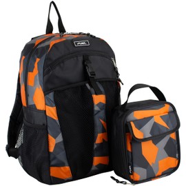 FUEL Backpack with Lunch Box Combo – 18.5 Inches Two Compartment Water Resistant Durable Adjustable Straps with Side Water Bottle Pockets 2 in 1 Set – Orange with Black