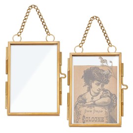 OLYCRAFT 2Pcs Wall Hanging Mini Photo Frames 3.6x2.4 Inch Double Glass Picture Frame with Chain Brass Folding Frame DIY Vintage Artwork Display Frames for Pressed Flowers Pictures Home Wall Decor